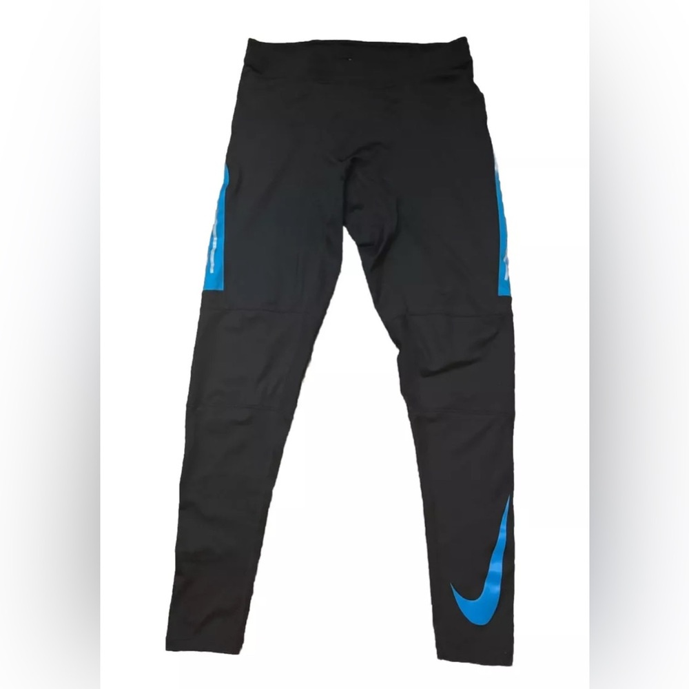 Nike DriFit Black & Cool Blue Reflective Running Compression Tights Medium READ